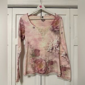 ONE WORLD Pink Floral Long Sleeve Top Y2K Fairy core Grunge Feminine Lace Detail